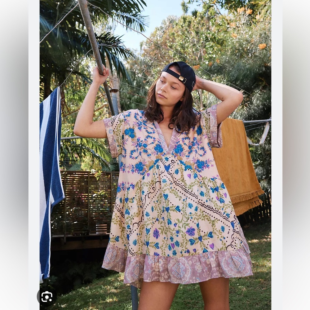 Free People Printed Agnes Ruffles Bold Colorful Mini Dress